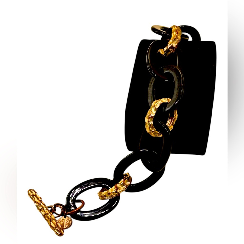Vintage Trifari* Wide Hammered Gold & Black Open Link Bracelet w/Toggle Clasp 8”